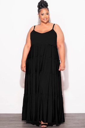 Casual Performance Wear Final Sale Plus Size Spaghetti Strap Tiered Maxi Dress in Black
