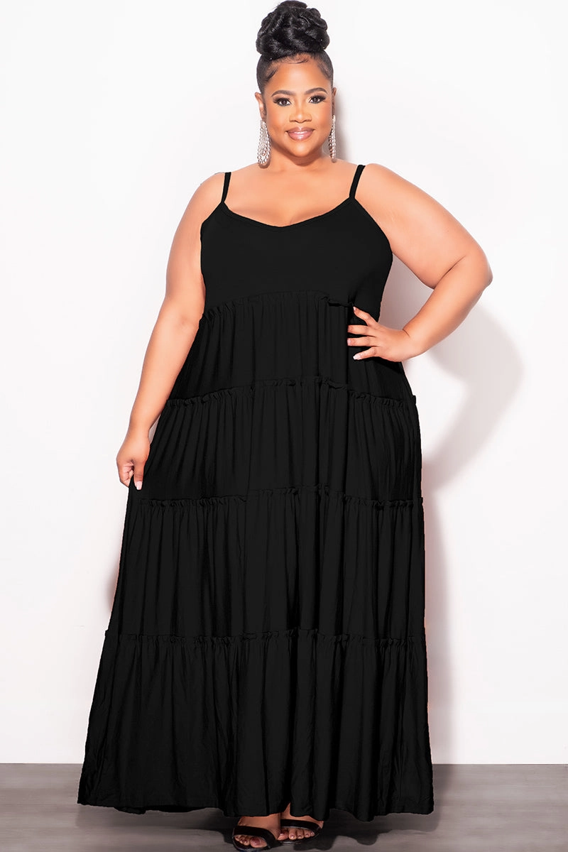 Final Sale Plus Size Spaghetti Strap Tiered Maxi Dress in Black Soft Waistband