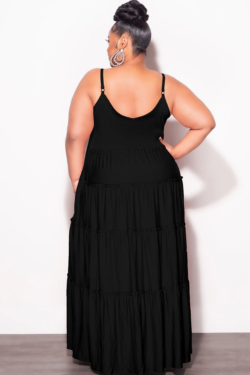 Breathable Comfort Design Relaxed Cut Final Sale Plus Size Spaghetti Strap Tiered Maxi Dress in Black