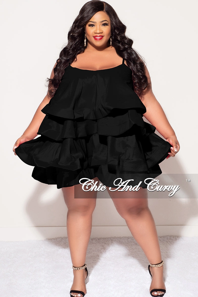 Fit For Movement Mid-rise fit Final Sale Plus Size Spaghetti Strap Tiered Ruffle Mini Dress in Black