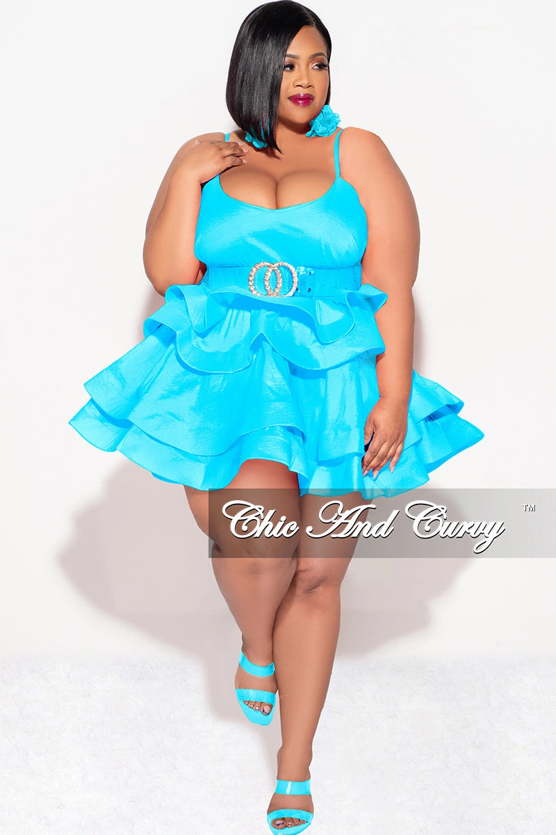 Stain Resistant Weave Final Sale Plus Size Spaghetti Strap Tiered Ruffle Mini Dress in Ice Blue