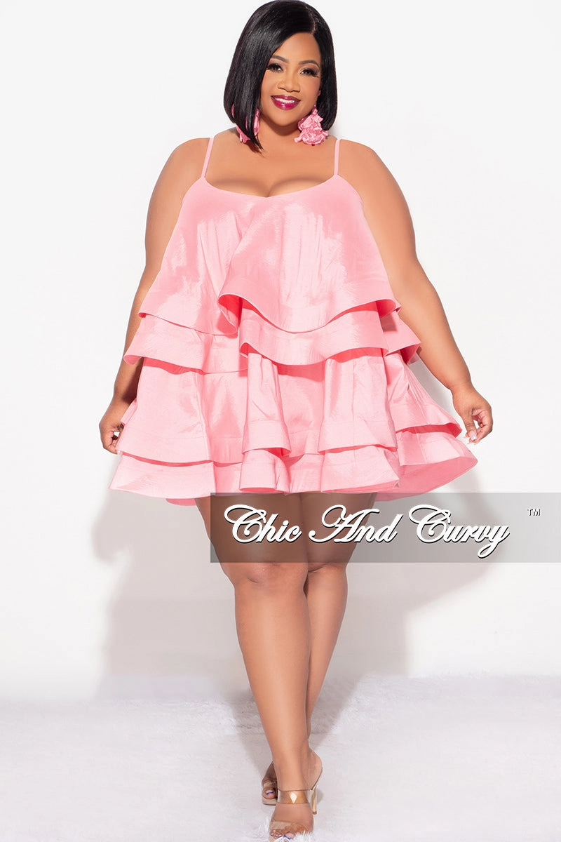 Final Sale Plus Size Spaghetti Strap Tiered Ruffle Mini Dress in Pink Smooth Texture Tear Resistant Fabric