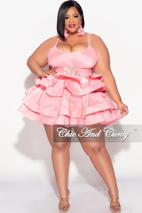 Final Sale Plus Size Spaghetti Strap Tiered Ruffle Mini Dress in Pink Fit Freedom