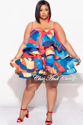 Fitted Style Final Sale Plus Size Spaghetti Strap Tiered Ruffle Mini Dress in Red Yellow and Turquoise Multi Color