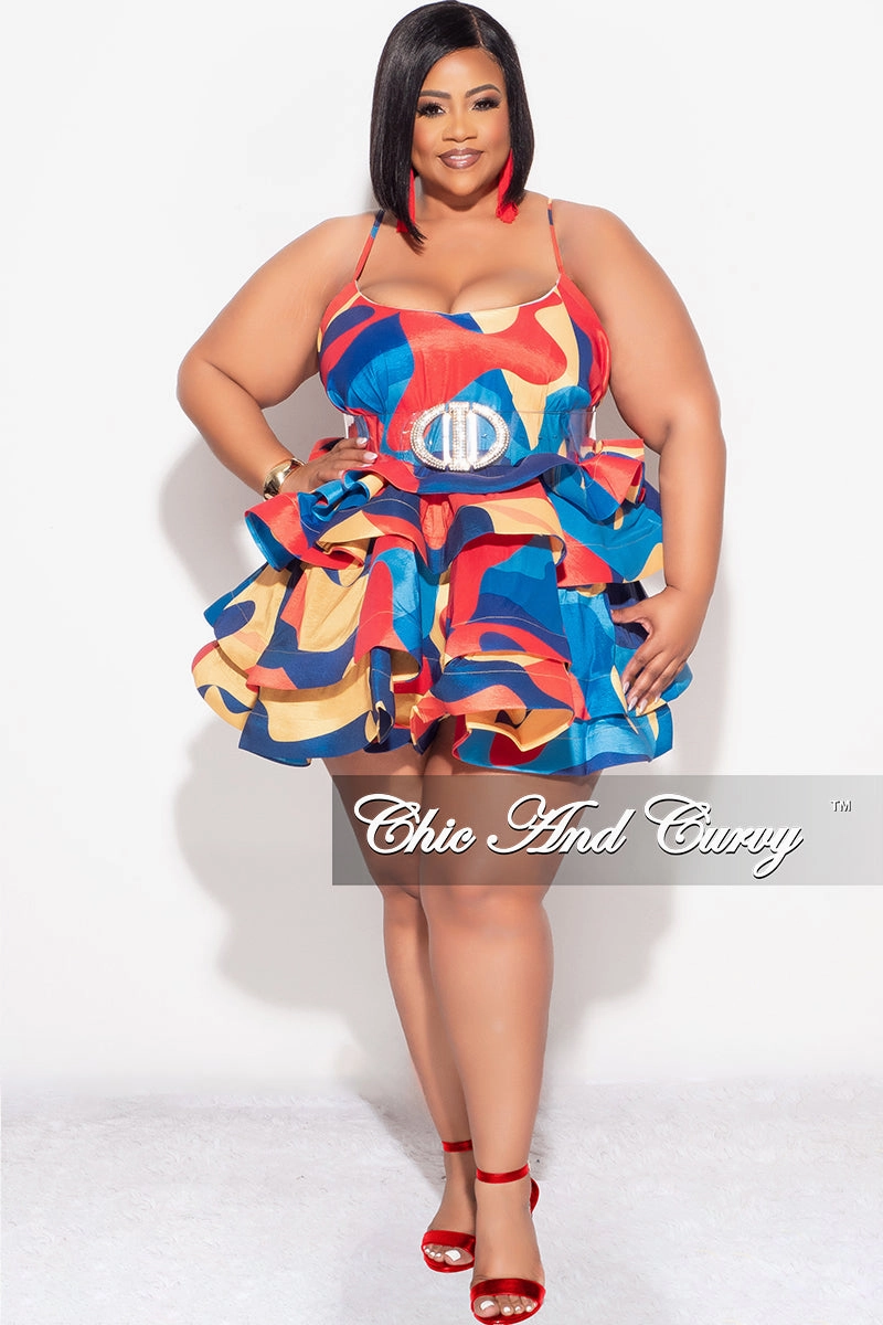Final Sale Plus Size Spaghetti Strap Tiered Ruffle Mini Dress in Red Yellow and Turquoise Multi Color Flexible Activewear Comfortable Movement