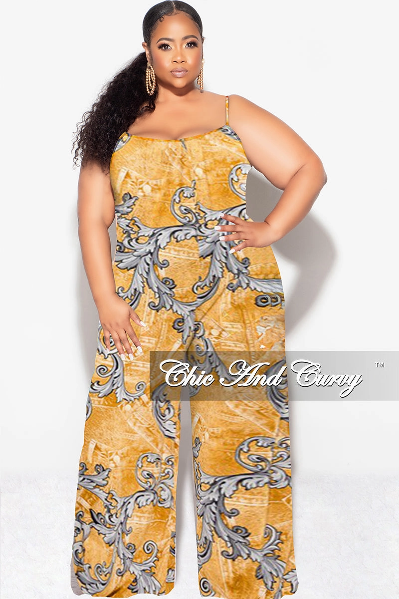 Final Sale Plus Size Spaghetti Straps Jumpsuit in Mustard and Gray Design Print Easy Fit Light wash