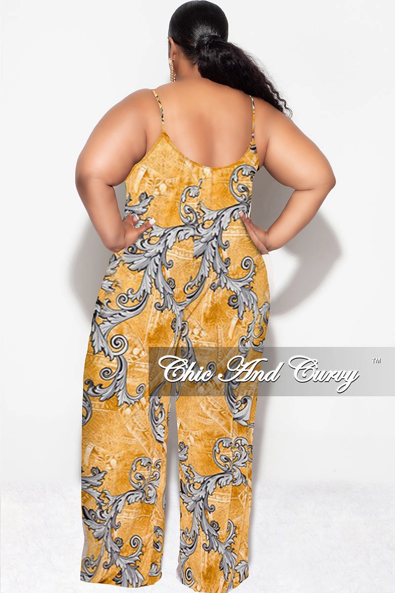 Final Sale Plus Size Spaghetti Straps Jumpsuit in Mustard and Gray Design Print Minimal Design Thermal Regulating