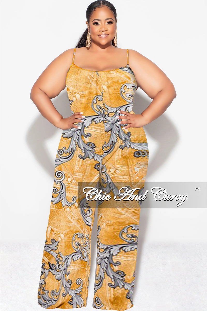 Final Sale Plus Size Spaghetti Straps Jumpsuit in Mustard and Gray Design Print Comfy Vibes Easy Stretch
