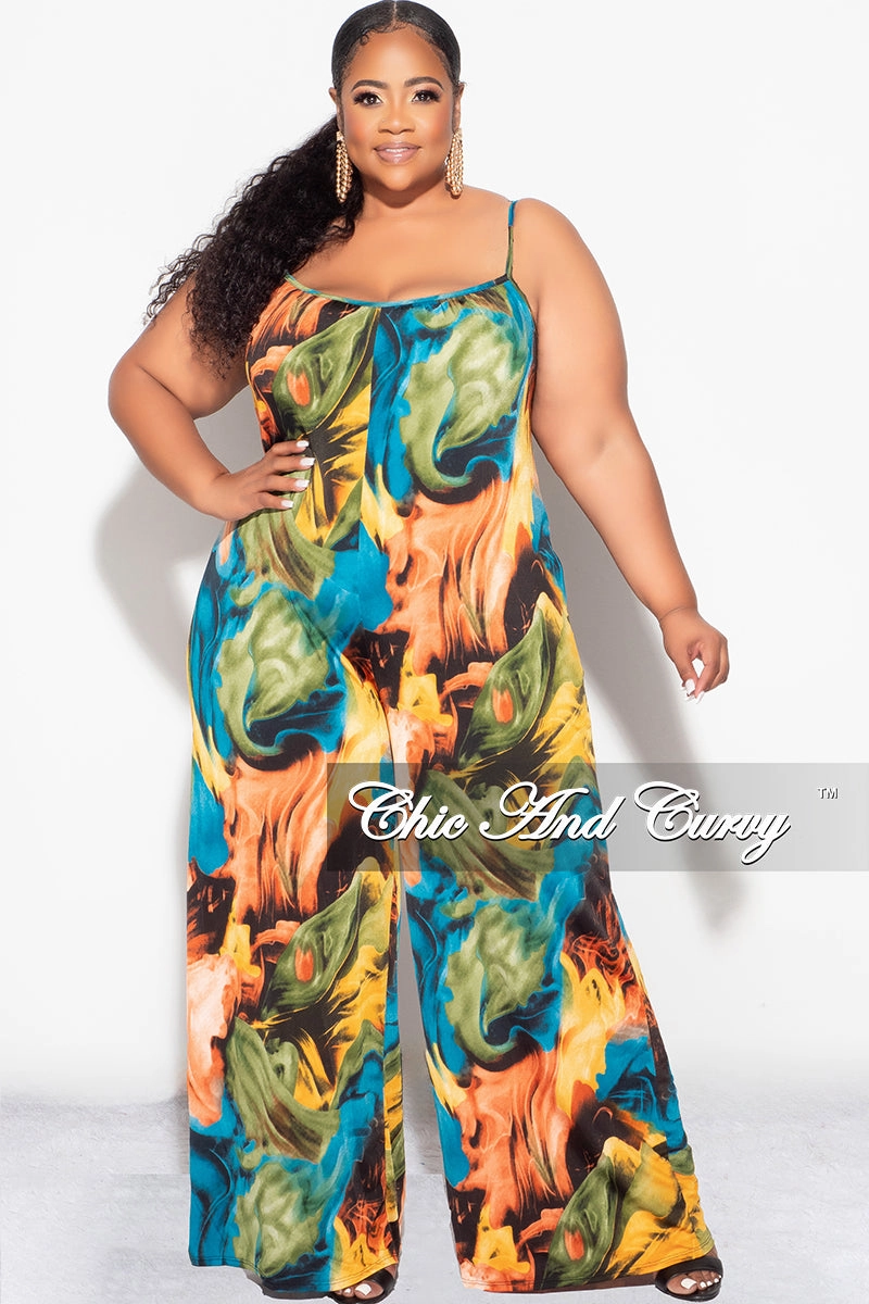 Layer Fit Comfortable Movement Final Sale Plus Size Spaghetti Straps Jumpsuit in Turquoise Olive and Orange