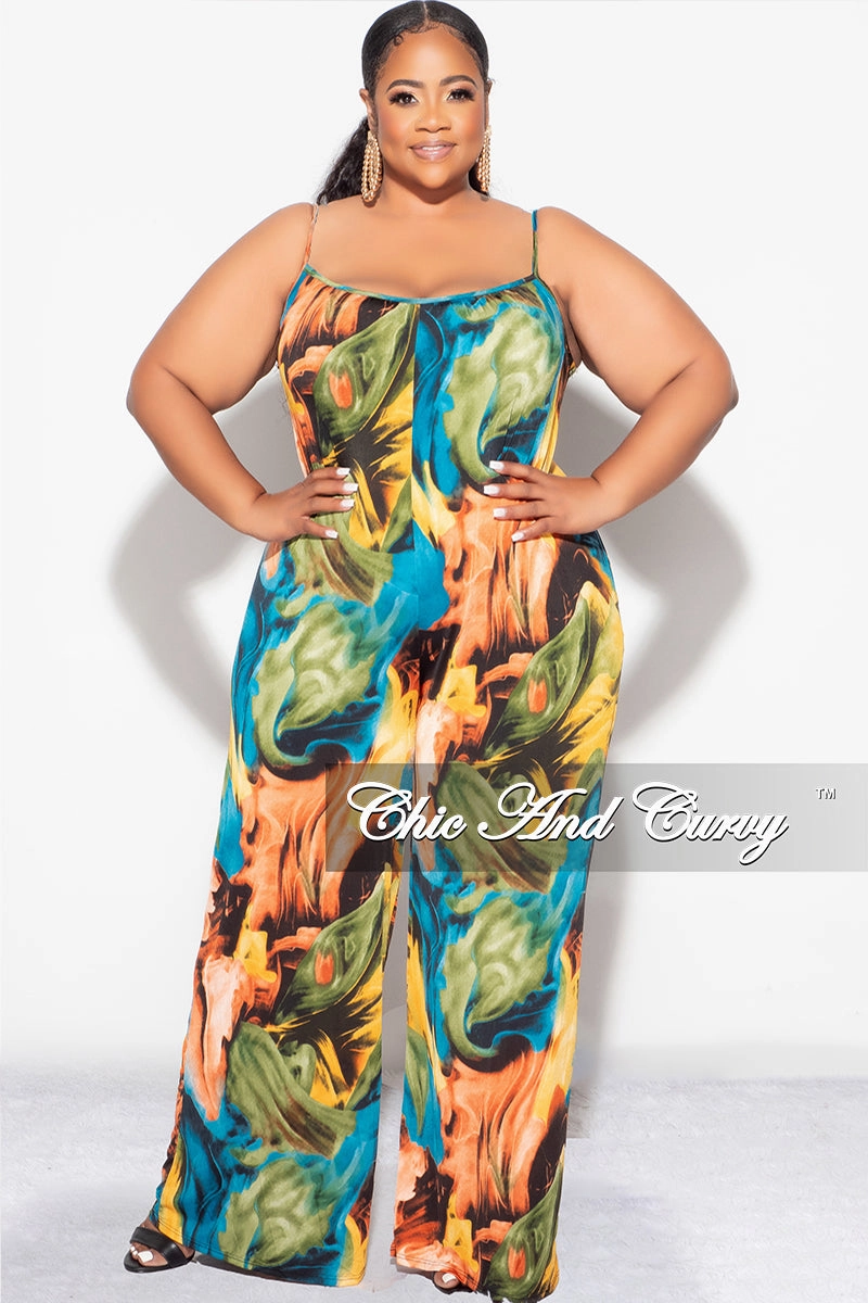 Lounge-friendly Final Sale Plus Size Spaghetti Straps Jumpsuit in Turquoise Olive and Orange