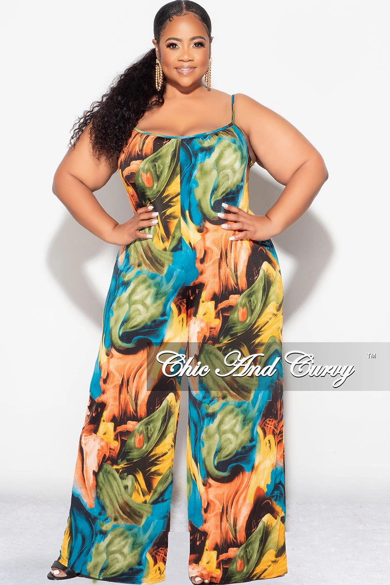 Final Sale Plus Size Spaghetti Straps Jumpsuit in Turquoise Olive and Orange All Use