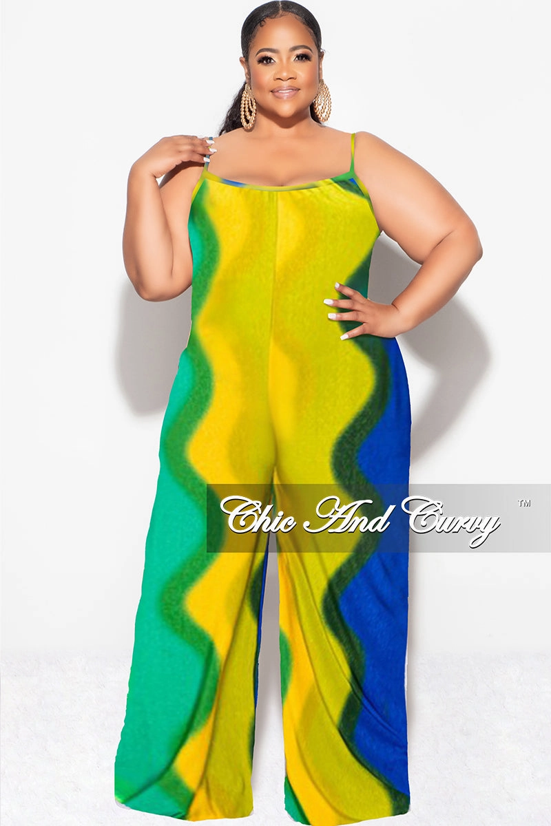 Relaxed fit wear Final Sale Plus Size Spaghetti Straps Jumpsuit in Yellow, Orange, Royal Blue and Green
