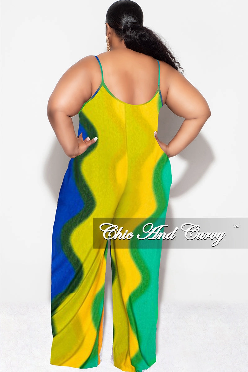 All Fit AdjustableWaistband Final Sale Plus Size Spaghetti Straps Jumpsuit in Yellow, Orange, Royal Blue and Green