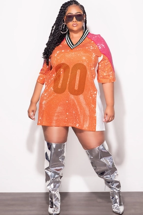 Everyday Ease Final Sale Plus Size Stone Covered Jersey Oversized Dress Forest Green & White Collar in Orange, Pink and White