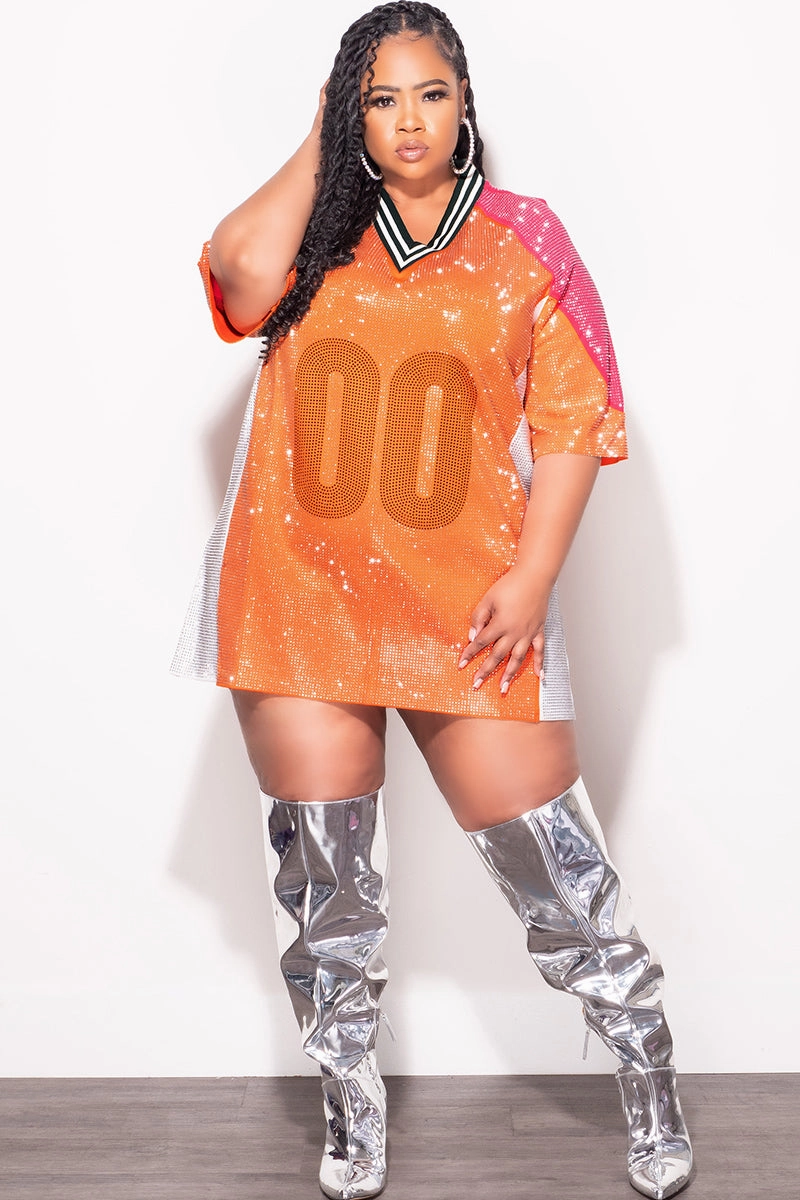 Final Sale Plus Size Stone Covered Jersey Oversized Dress Forest Green & White Collar in Orange, Pink and White Minimal Edge