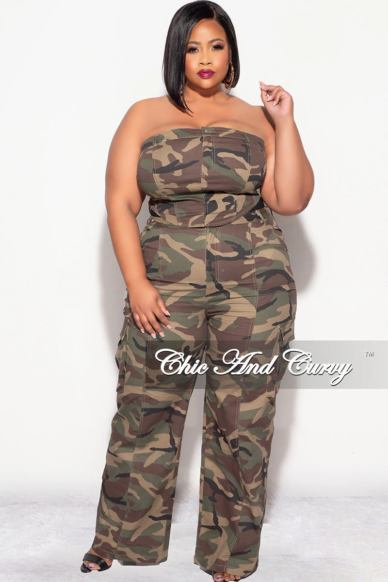 Temperature Regulating Fabric Comfy Material Final Sale Plus Size Strapless 2pc Top and Pants Set in Camo