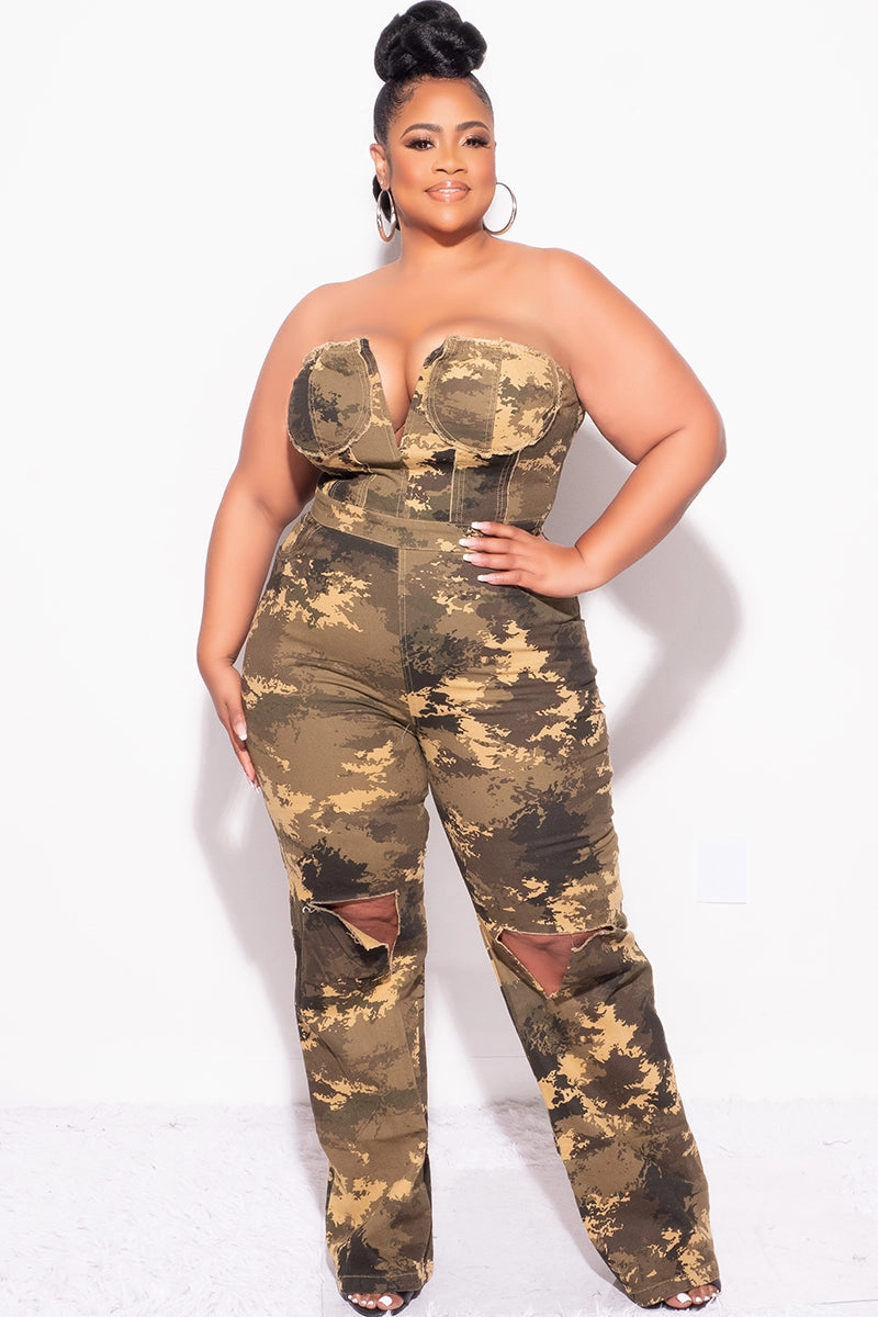 Final Sale Plus Size Strapless Deep V Jumpsuit with Ripped Knees In Camouflage Print Ultimate Comfort Pocket Reinforcement