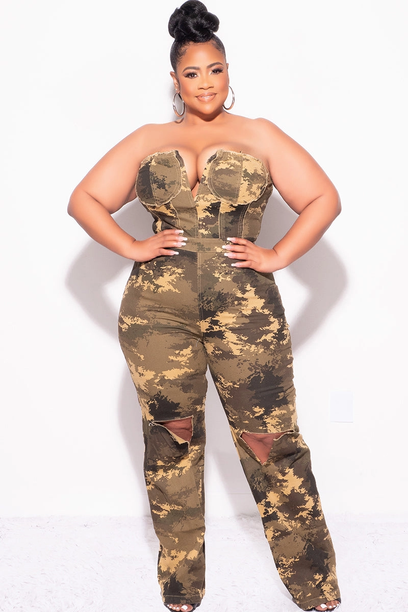 Final Sale Plus Size Strapless Deep V Jumpsuit with Ripped Knees In Camouflage Print Active Design Wear