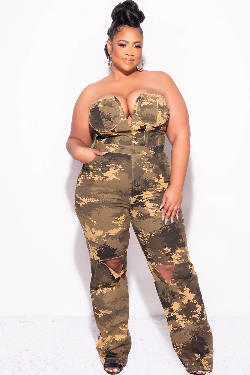 Sporty Cut WrinkleResistantMaterial Final Sale Plus Size Strapless Deep V Jumpsuit with Ripped Knees In Camouflage Print