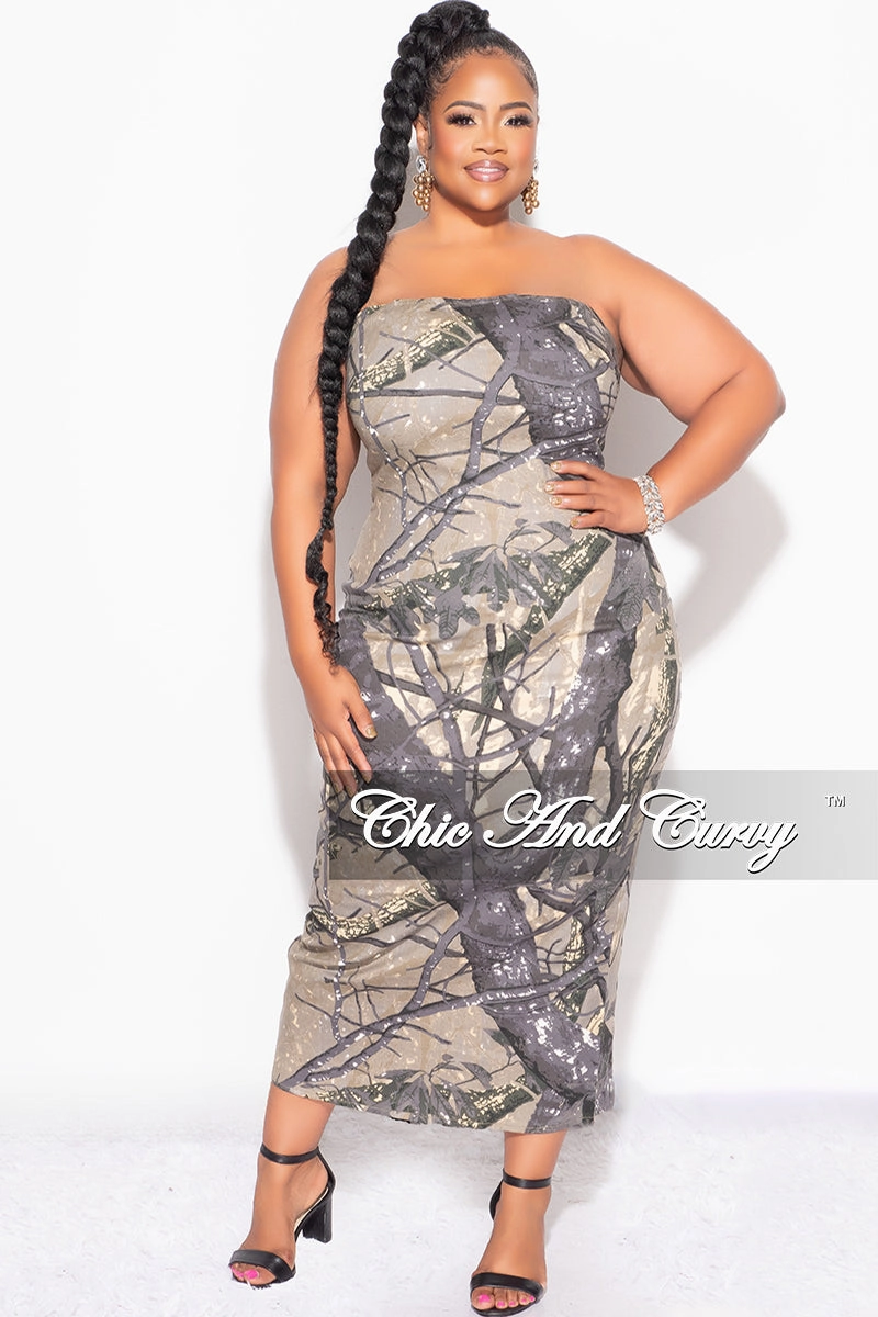 Final Sale Plus Size Strapless Dress with Back Slit in Brown and Grey Camo Flex Wear Design Flowy legs