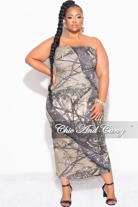 Daily Wear Active Look Final Sale Plus Size Strapless Dress with Back Slit in Brown and Grey Camo