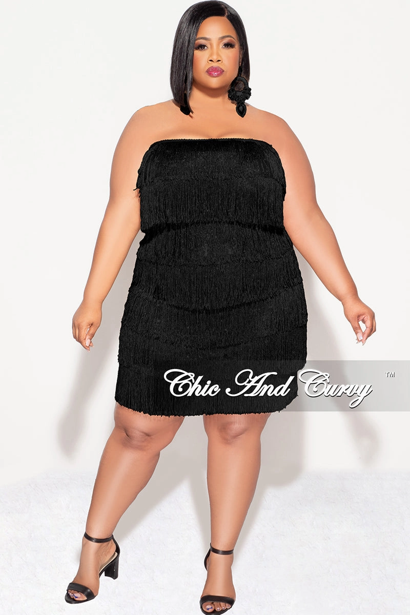 Final Sale Plus Size Strapless Fringe Dress in Black Universal Fit System