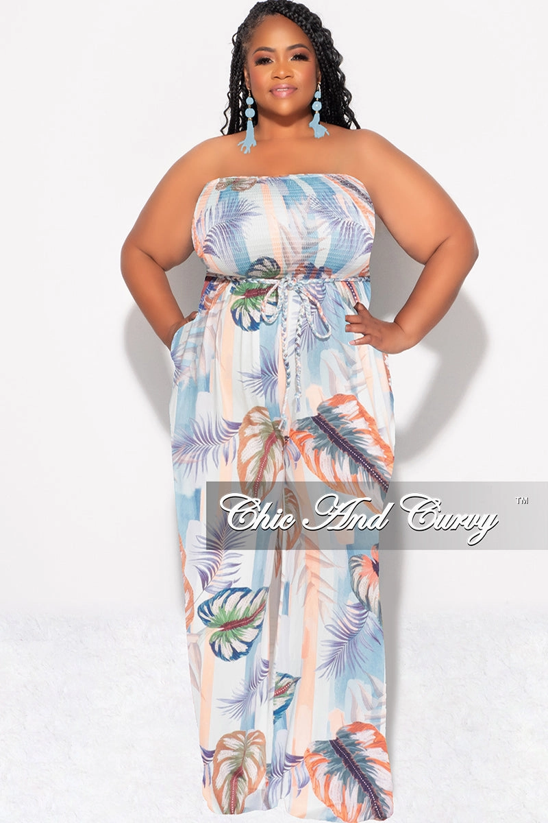 Final Sale Plus Size Strapless Jumpsuit with Tie in Blue Multi Color Striped Leaf Print Chill Ready