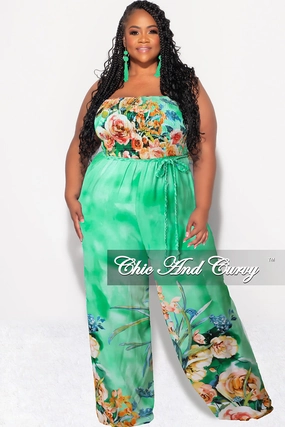 Final Sale Plus Size Strapless Jumpsuit with Tie Waist in Light Green Floral Print Non Restrictive Fit elastic waistband