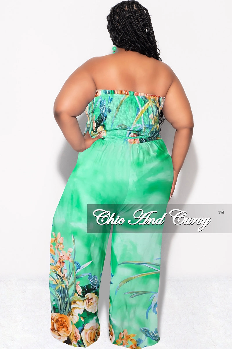Easy Pack Final Sale Plus Size Strapless Jumpsuit with Tie Waist in Light Green Floral Print