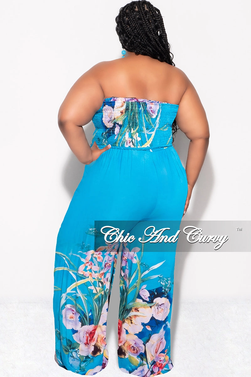 Classic Fit Final Sale Plus Size Strapless Jumpsuit with Tie Waist in Turquoise Floral Print