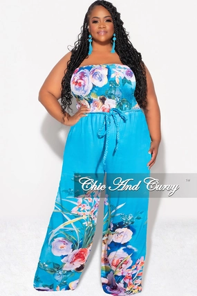 Final Sale Plus Size Strapless Jumpsuit with Tie Waist in Turquoise Floral Print Luxe Look