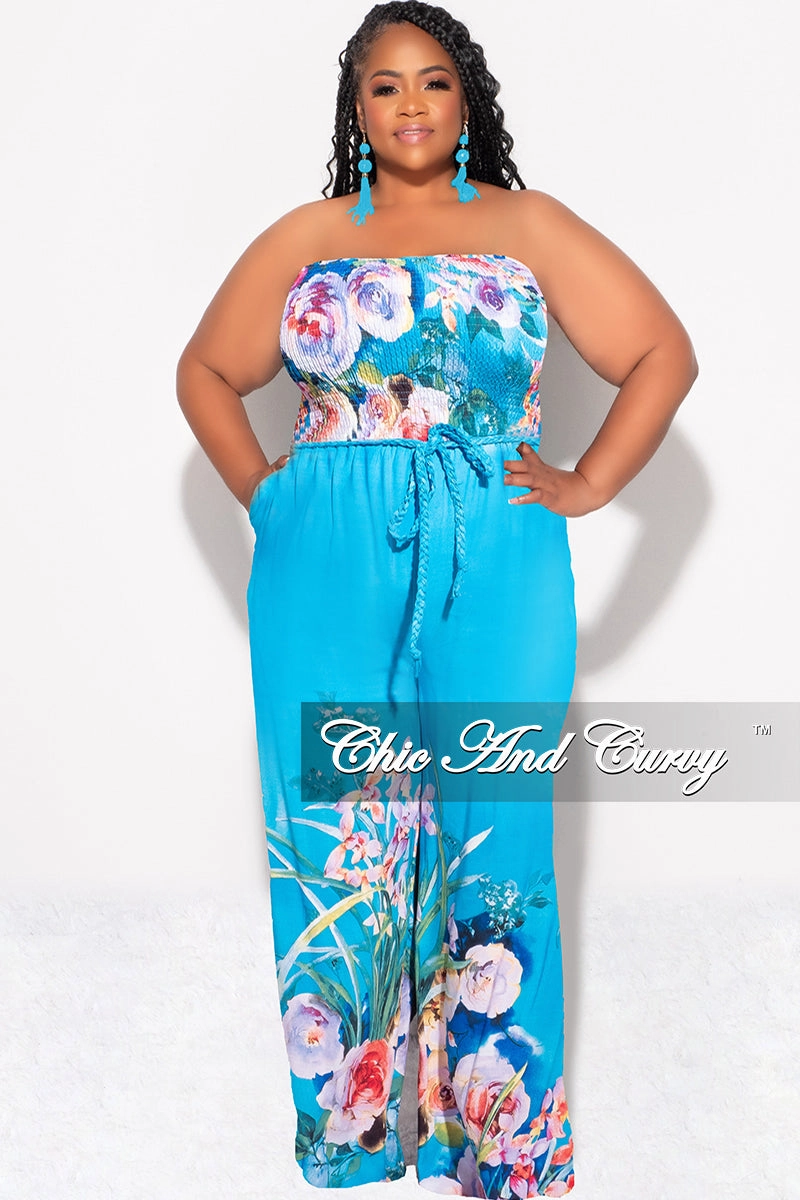 Final Sale Plus Size Strapless Jumpsuit with Tie Waist in Turquoise Floral Print Performance Ready Soft Touch Material