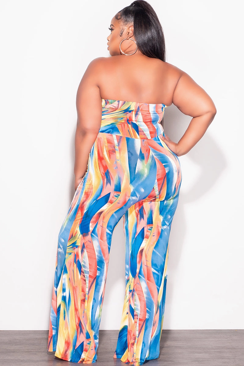Flexible Motion Soft Brushed Lining Final Sale Plus Size Strapless Jumpsuit with Waist Tie in Multi Color Print