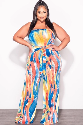 Final Sale Plus Size Strapless Jumpsuit with Waist Tie in Multi Color Print Tagless Design Relaxed Fit