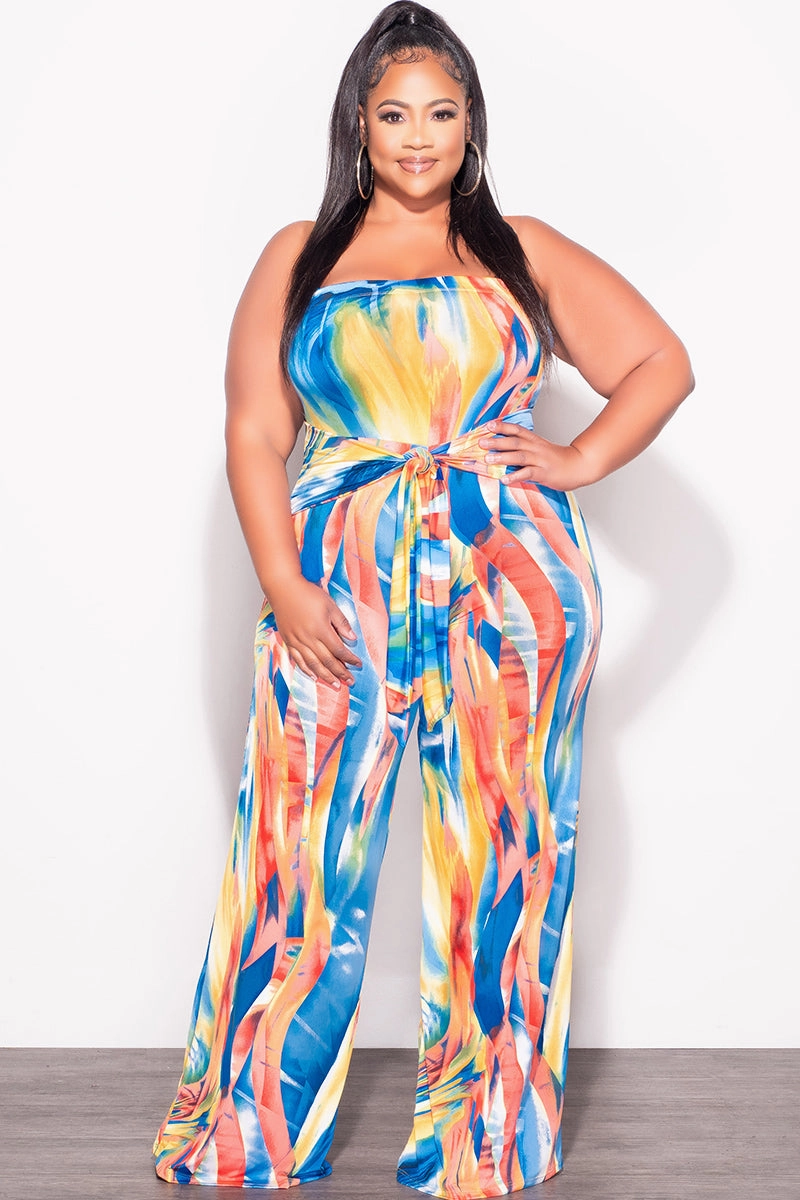 Light Waist Casual Style Final Sale Plus Size Strapless Jumpsuit with Waist Tie in Multi Color Print