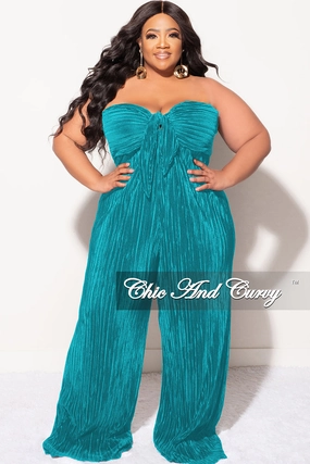 Final Sale Plus Size Strapless Pleated Jumpsuit Teal Ergonomic Cut