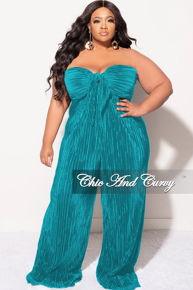 Sporty Fit Design Stylish Appearance Final Sale Plus Size Strapless Pleated Jumpsuit Teal