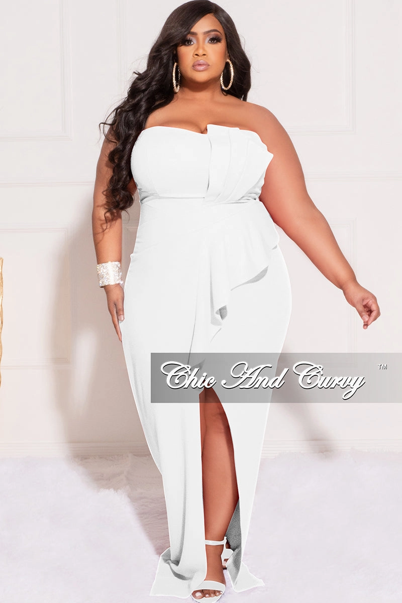 Multi-Purpose Wear Final Sale Plus Size Strapless Pleated Ruffle Gown with Front Slit in Ivory