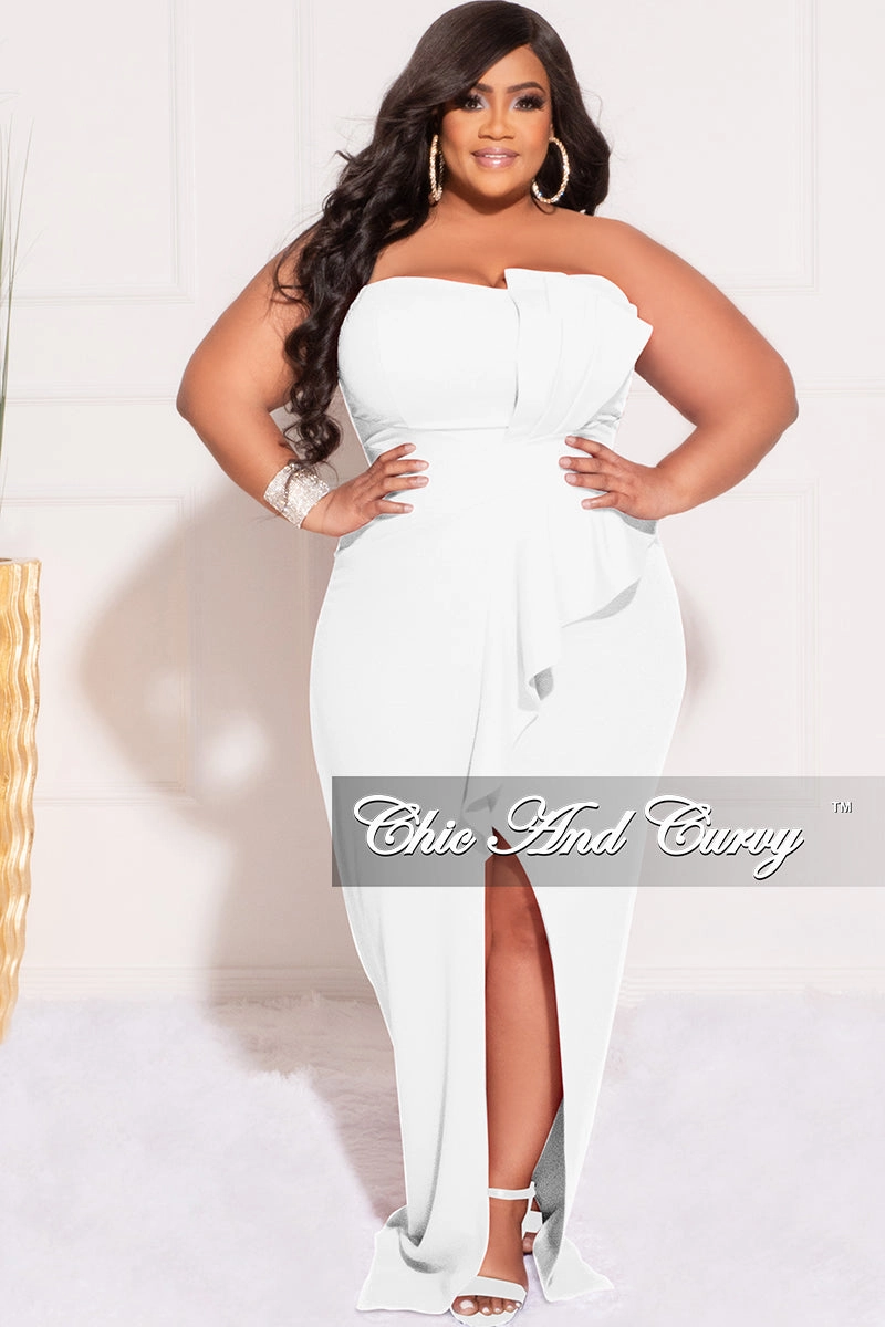 Seamless Design Adjustable Fit Final Sale Plus Size Strapless Pleated Ruffle Gown with Front Slit in Ivory