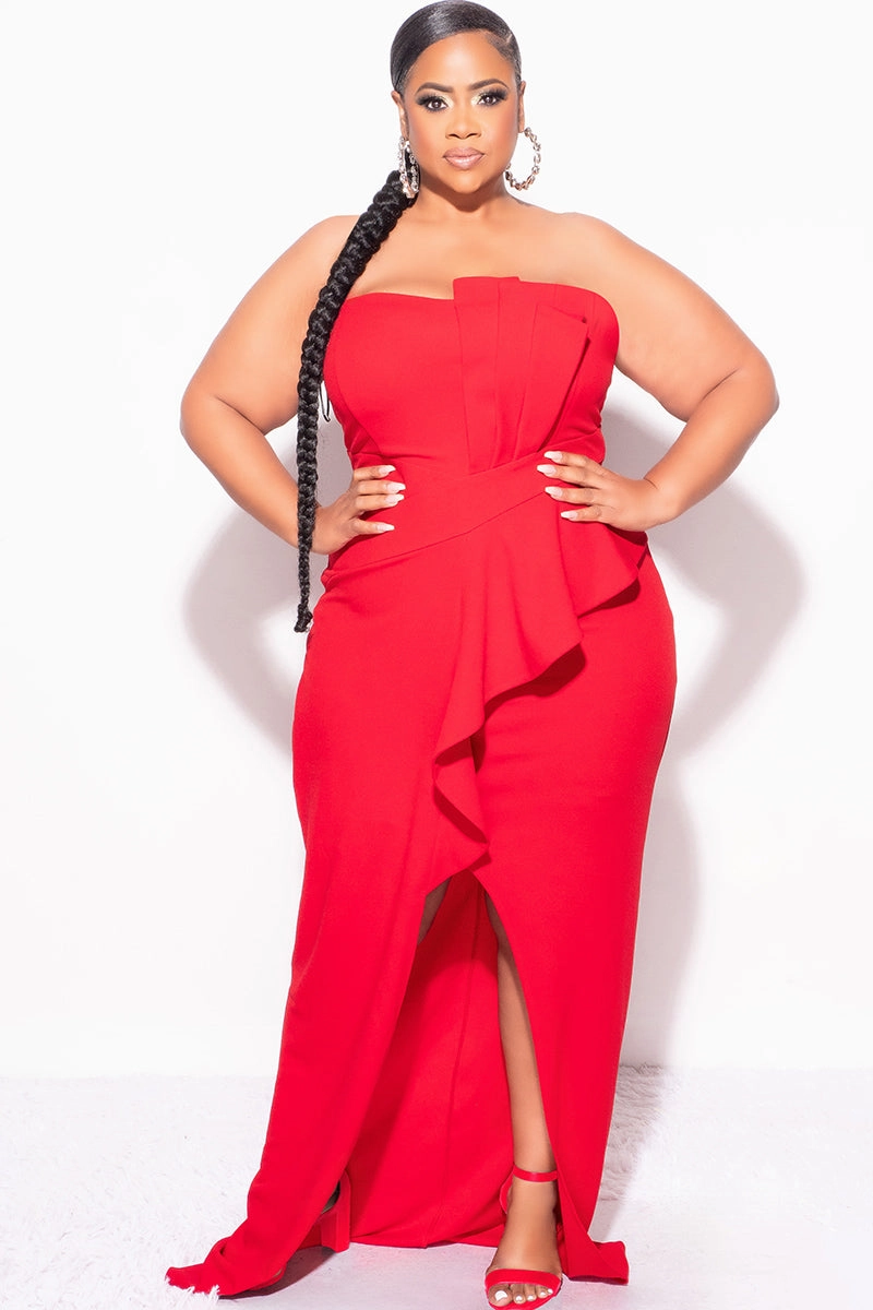 Final Sale Plus Size Strapless Pleated Ruffle Gown with Front Slit in Red Odor Resistant AntiPillingFabric