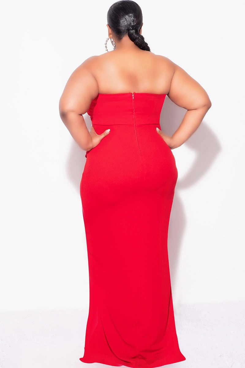 AdjustableTabs Breathable Comfort Fit Final Sale Plus Size Strapless Pleated Ruffle Gown with Front Slit in Red