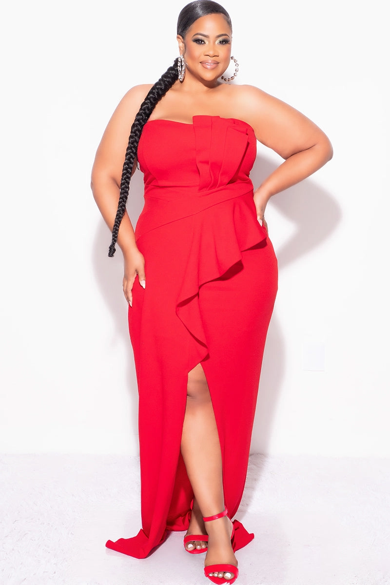 Final Sale Plus Size Strapless Pleated Ruffle Gown with Front Slit in Red Breathable Stretch Wear Urban appeal