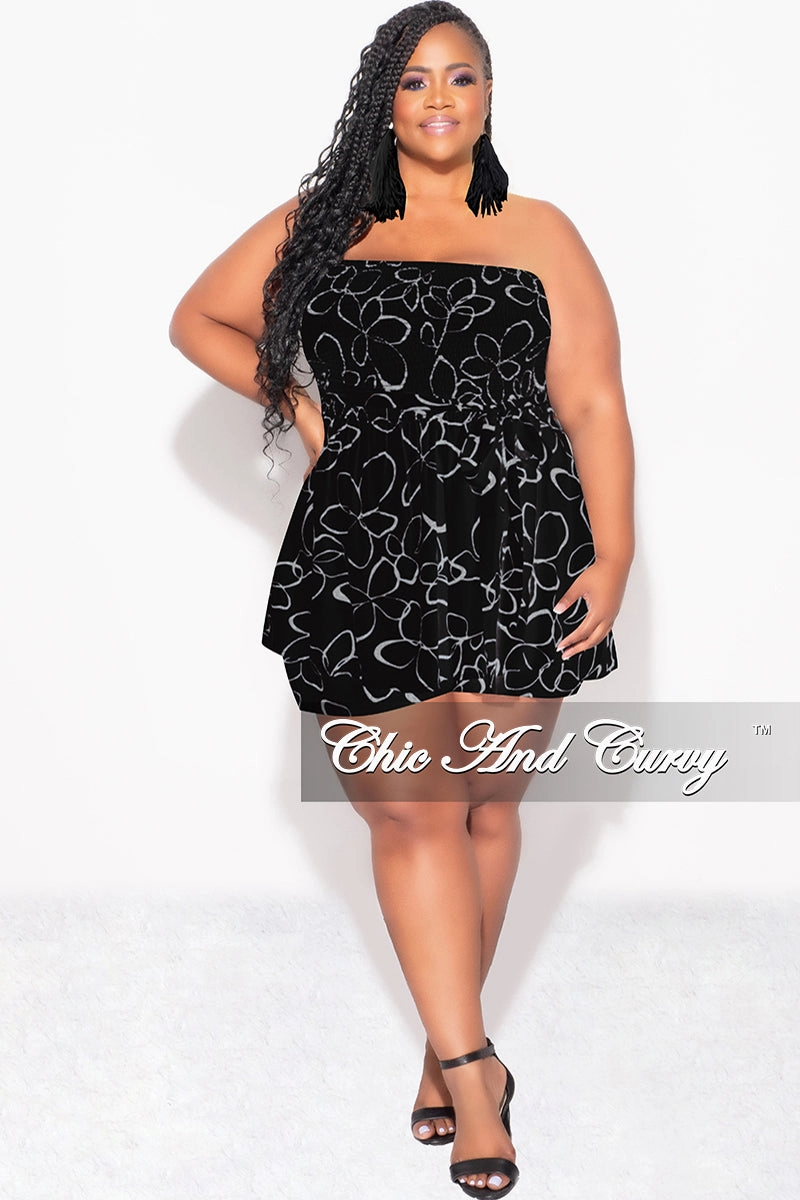 QuickReleaseBuckle Stylish Comfort Final Sale Plus Size Strapless Romper in Black & Ivory Print