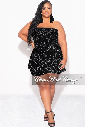 QuickReleaseBuckle Stylish Comfort Final Sale Plus Size Strapless Romper in Black & Ivory Print