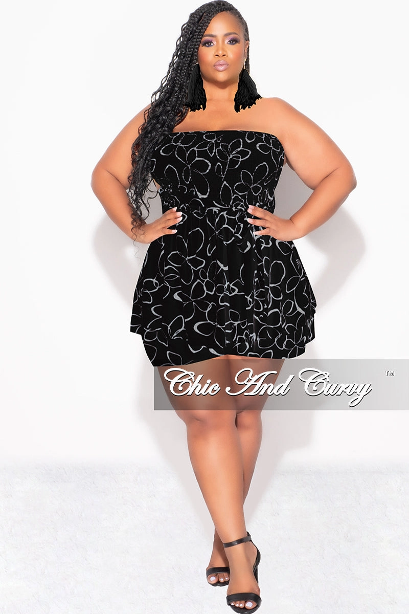 breathable panels Final Sale Plus Size Strapless Romper in Black & Ivory Print