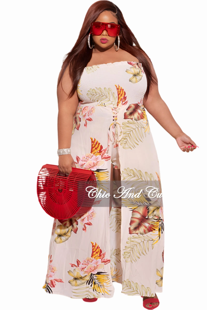 Final Sale Plus Size Strapless Romper in Ivory Floral Print Minimal Waistband