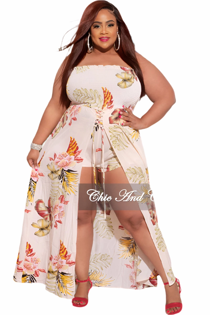 Final Sale Plus Size Strapless Romper in Ivory Floral Print Athletic Flex Wear
