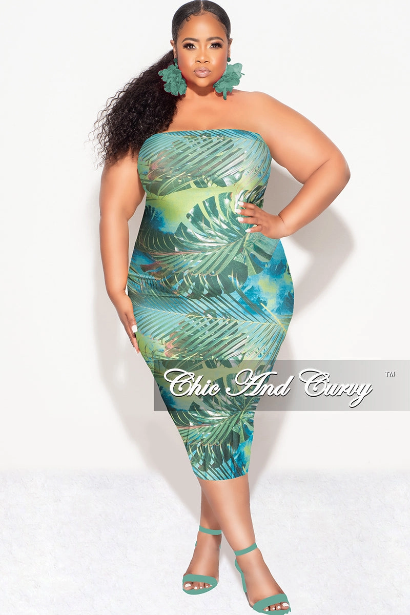 DoubleLayeredFabric Final Sale Plus Size Strapless Tube BodyCon Dress in Green Leaf Print