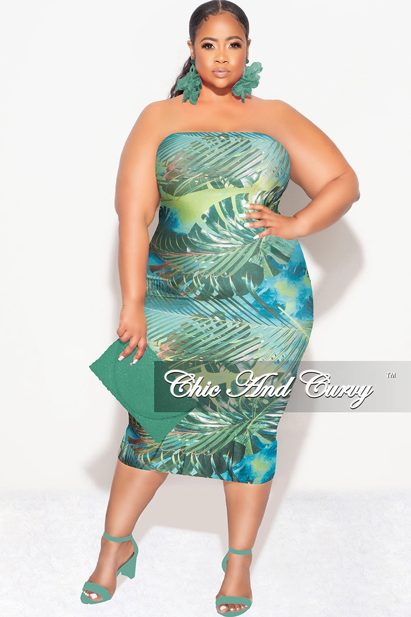 Final Sale Plus Size Strapless Tube BodyCon Dress in Green Leaf Print Soft Touch