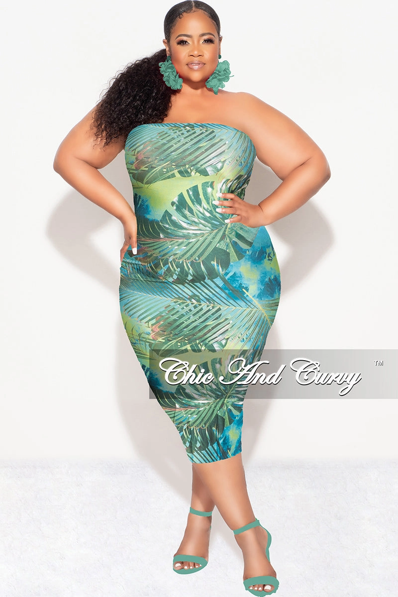 Fashionable Fit Final Sale Plus Size Strapless Tube BodyCon Dress in Green Leaf Print